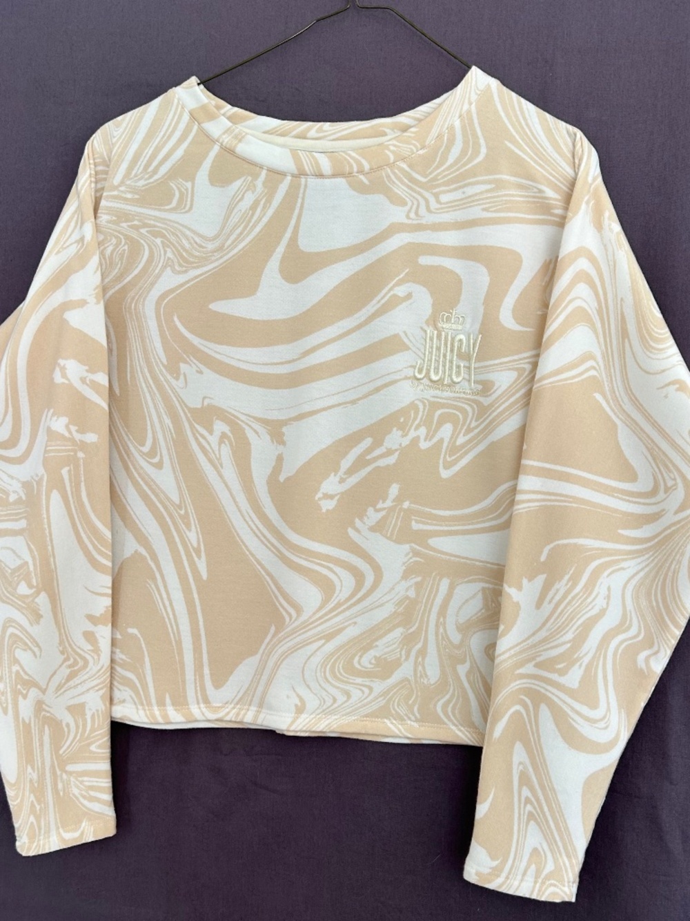 NWOT Juicy Couture XS Fleece Crop Sweatshirt Beige Marbled Swirl Logo